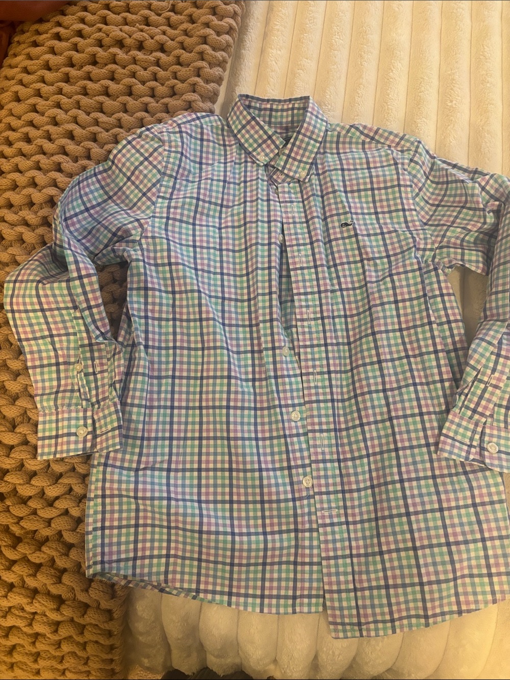 Vineyard Vines Boys Plaid Button-Down in Light Blue, Green & Purple M